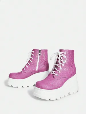 Pink Lace-up Wedge Heel Round Toe Ankle Boots For Women