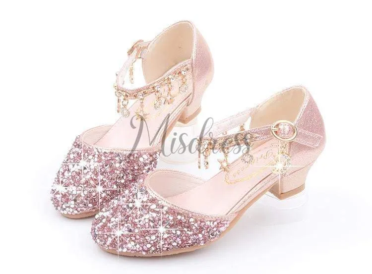Purple/Silver/Pink Sequin Rhinestone Sandals Wedding Flower Girl Shoes High Heels Princess Dancing Shoes