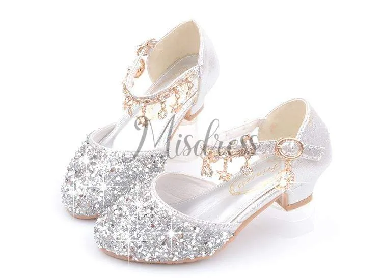 Purple/Silver/Pink Sequin Rhinestone Sandals Wedding Flower Girl Shoes High Heels Princess Dancing Shoes