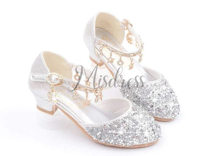 Purple/Silver/Pink Sequin Rhinestone Sandals Wedding Flower Girl Shoes High Heels Princess Dancing Shoes