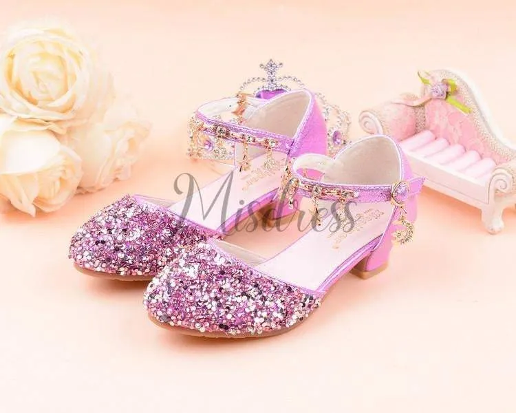 Purple/Silver/Pink Sequin Rhinestone Sandals Wedding Flower Girl Shoes High Heels Princess Dancing Shoes