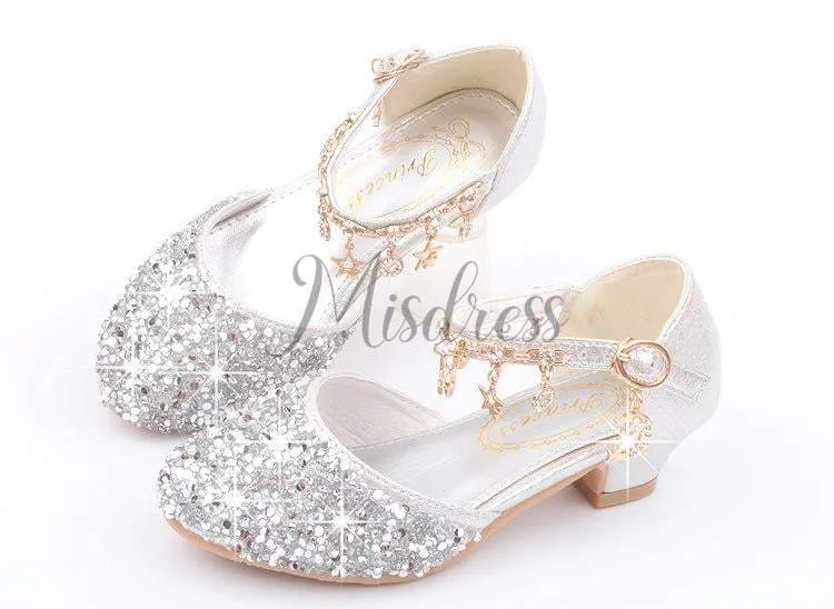 Purple/Silver/Pink Sequin Rhinestone Sandals Wedding Flower Girl Shoes High Heels Princess Dancing Shoes