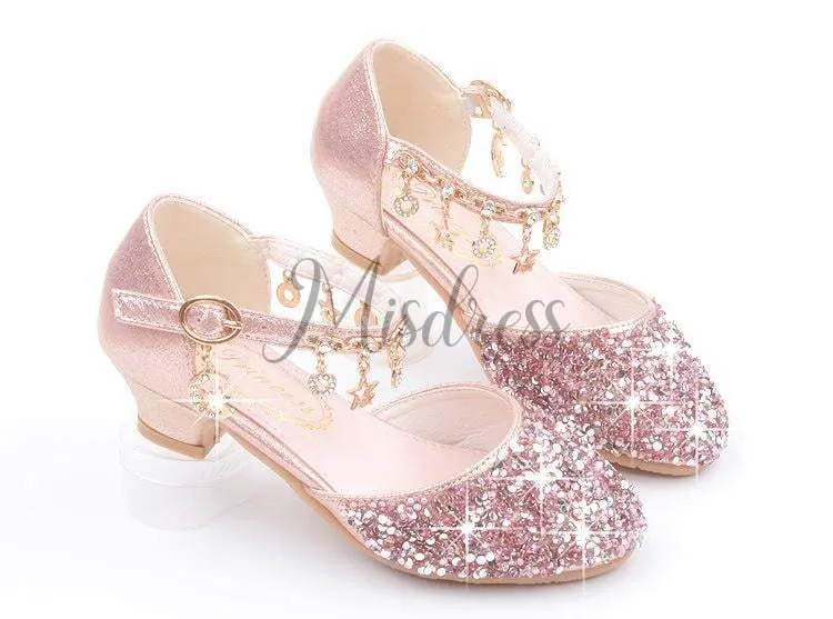 Purple/Silver/Pink Sequin Rhinestone Sandals Wedding Flower Girl Shoes High Heels Princess Dancing Shoes