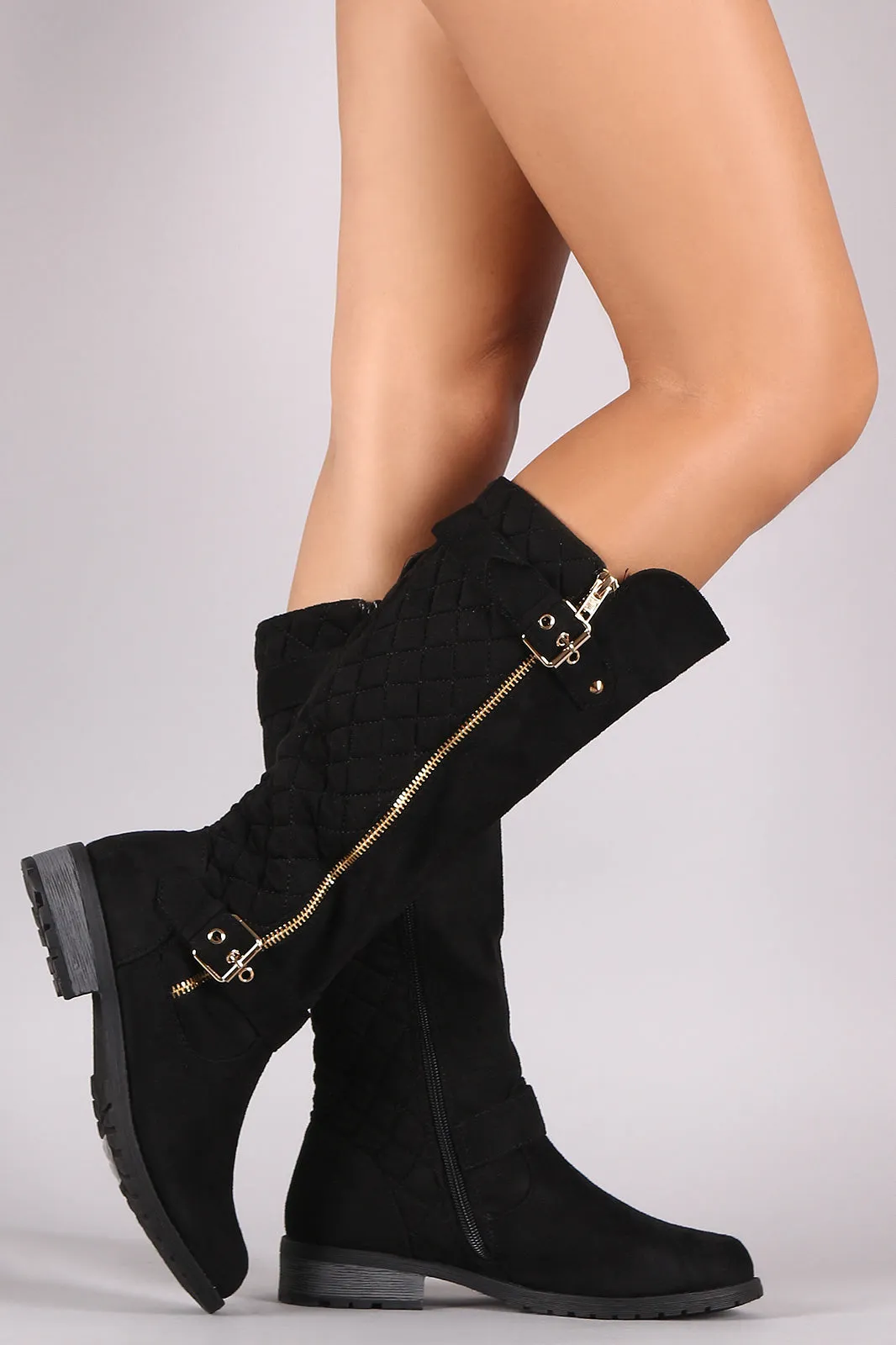 Quilted Suede Buckle And Zipper Trim Knee High Riding Boots