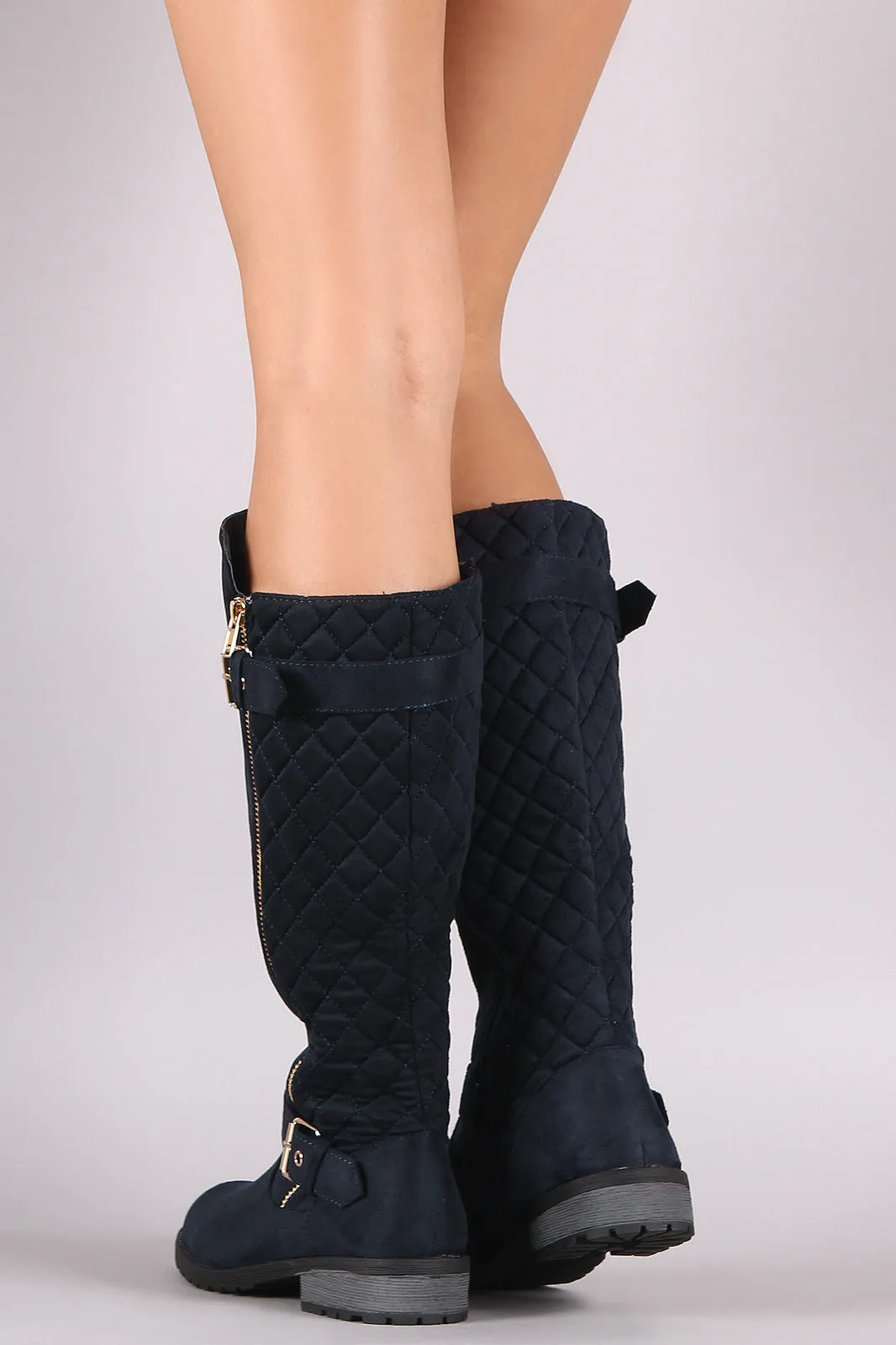 Quilted Suede Buckle And Zipper Trim Knee High Riding Boots