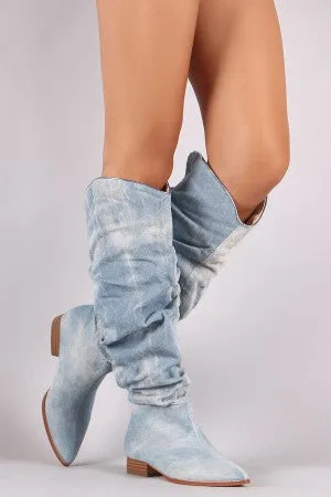 Slouchy Denim Pointy Toe Western Knee High Boots