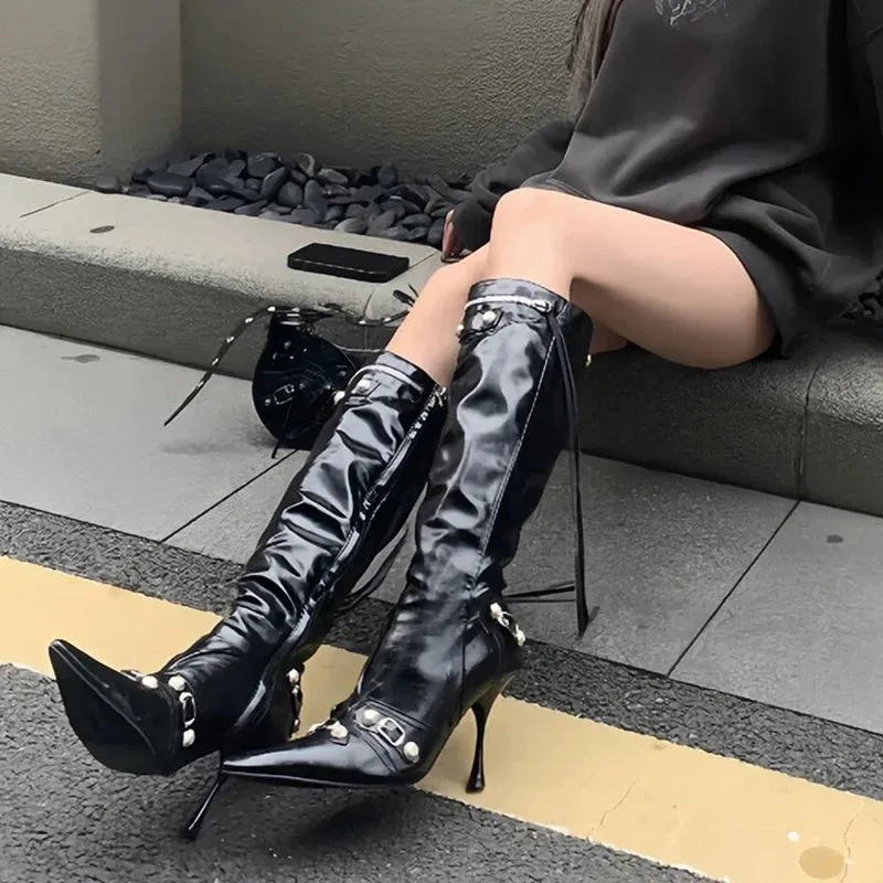 Sohiwoo New Women Knight High Boots Fashion Tassels Side Zippers Ladies Elegant Pointed Toe Long Booties Women's Footwear