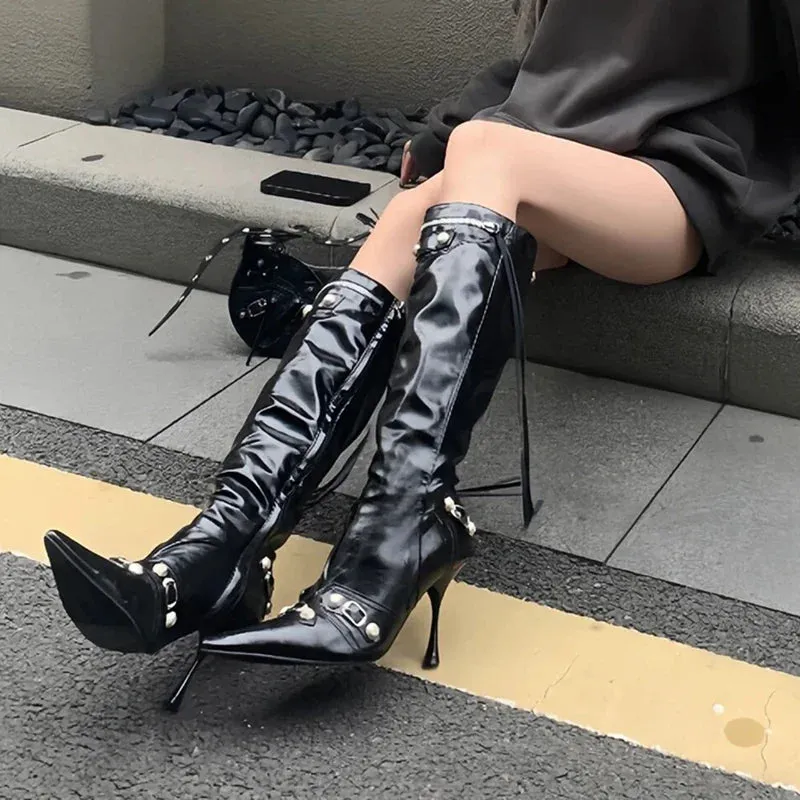 Sohiwoo New Women Knight High Boots Fashion Tassels Side Zippers Ladies Elegant Pointed Toe Long Booties Women's Footwear