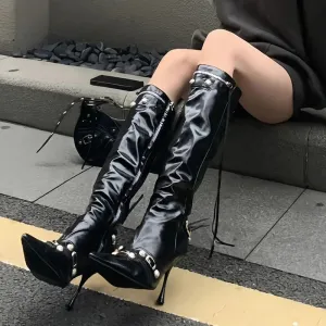 Sohiwoo New Women Knight High Boots Fashion Tassels Side Zippers Ladies Elegant Pointed Toe Long Booties Women's Footwear