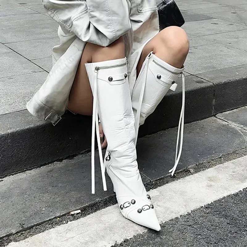 Sohiwoo New Women Knight High Boots Fashion Tassels Side Zippers Ladies Elegant Pointed Toe Long Booties Women's Footwear