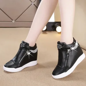 Sohiwoo New Women Wedge High Top Sneakers Zipper Leather Casual Shoes Sequins Thick Bottom White Internal Heighten Plus Size 42