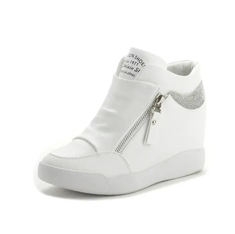 Sohiwoo New Women Wedge High Top Sneakers Zipper Leather Casual Shoes Sequins Thick Bottom White Internal Heighten Plus Size 42