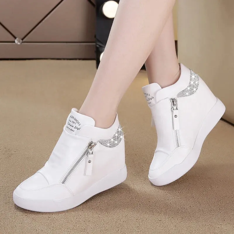 Sohiwoo New Women Wedge High Top Sneakers Zipper Leather Casual Shoes Sequins Thick Bottom White Internal Heighten Plus Size 42