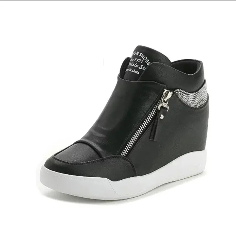 Sohiwoo New Women Wedge High Top Sneakers Zipper Leather Casual Shoes Sequins Thick Bottom White Internal Heighten Plus Size 42