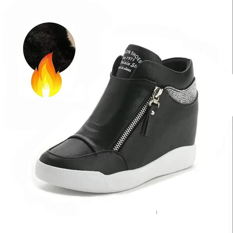 Sohiwoo New Women Wedge High Top Sneakers Zipper Leather Casual Shoes Sequins Thick Bottom White Internal Heighten Plus Size 42