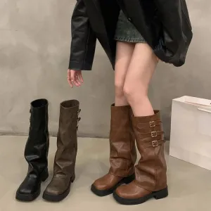 Sohiwoo Retro Style Knee High Boots Women Fashion Ladies Slip On Knight Long Boots Autumn Winter Women's Footwear
