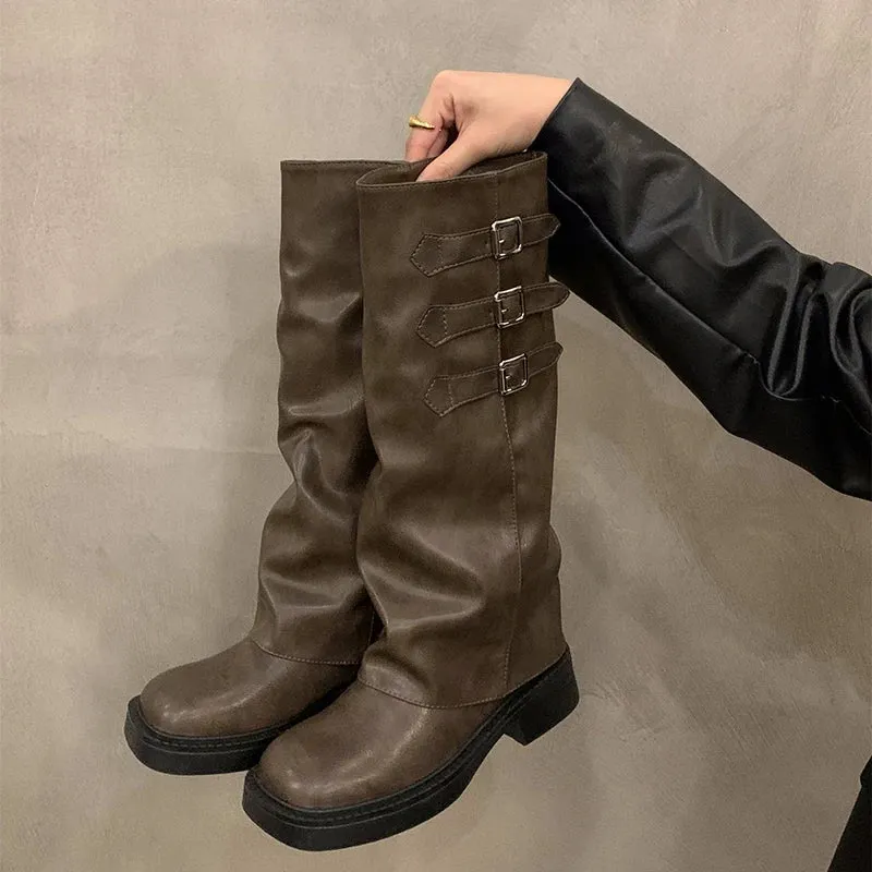 Sohiwoo Retro Style Knee High Boots Women Fashion Ladies Slip On Knight Long Boots Autumn Winter Women's Footwear