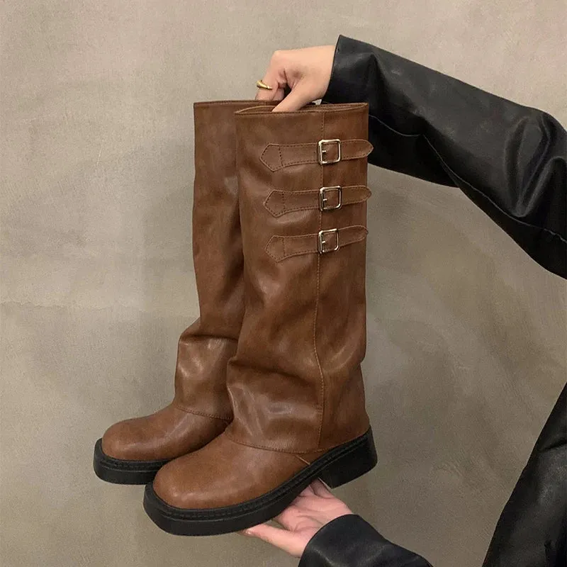 Sohiwoo Retro Style Knee High Boots Women Fashion Ladies Slip On Knight Long Boots Autumn Winter Women's Footwear