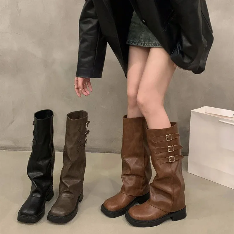 Sohiwoo Retro Style Knee High Boots Women Fashion Ladies Slip On Knight Long Boots Autumn Winter Women's Footwear
