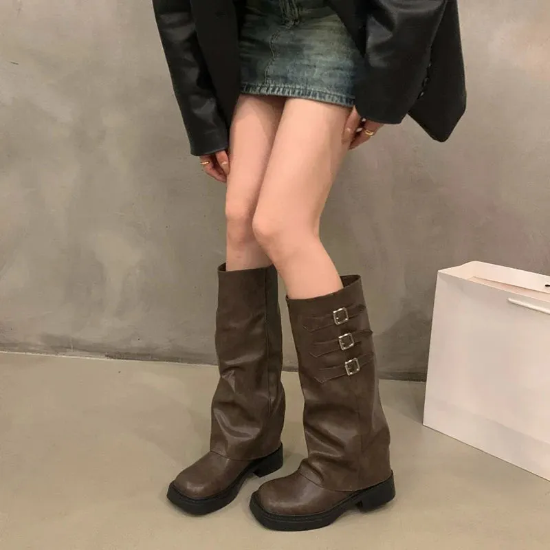 Sohiwoo Retro Style Knee High Boots Women Fashion Ladies Slip On Knight Long Boots Autumn Winter Women's Footwear