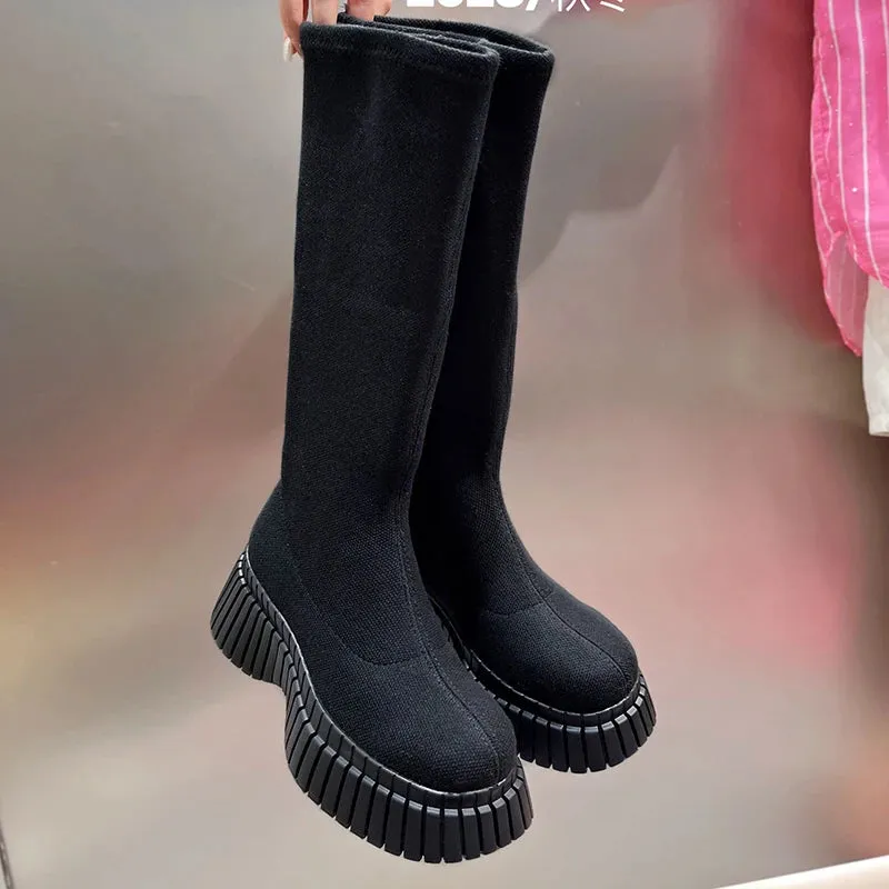 Sohiwoo Thick Heel Women Knee High Boots Fashion Slip On Shoes Autumn Winter Ladies Stretch Slim Long Booties