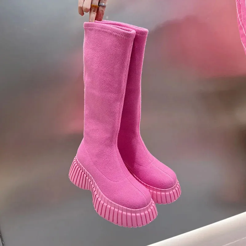 Sohiwoo Thick Heel Women Knee High Boots Fashion Slip On Shoes Autumn Winter Ladies Stretch Slim Long Booties