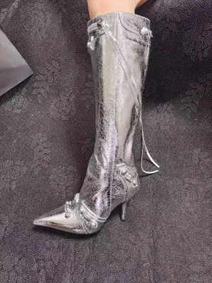 Star Gaze PU Buckle Pointed Toe Knee High Boots