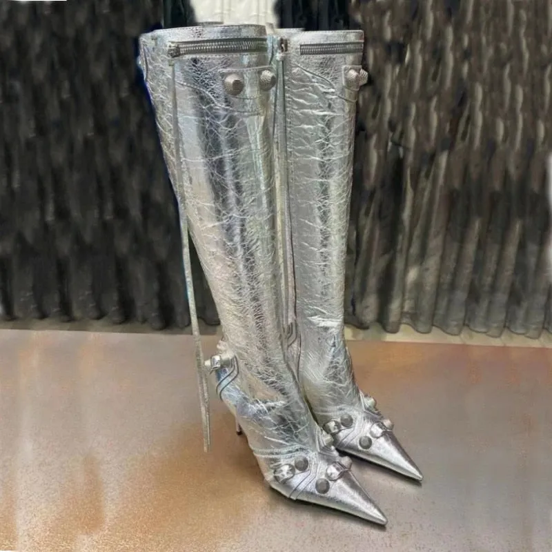 Star Gaze PU Buckle Pointed Toe Knee High Boots