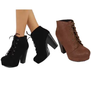 Suede Lace Tie Block Heel Bootie