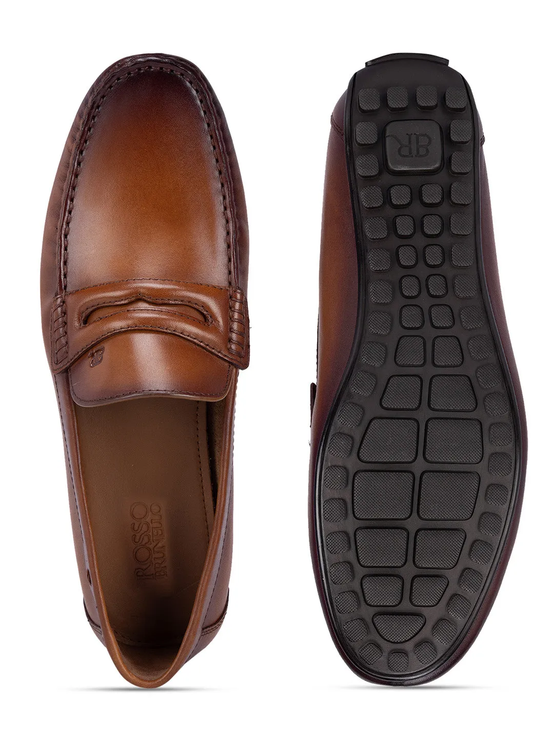 Tan Leather Moccasins With Panel