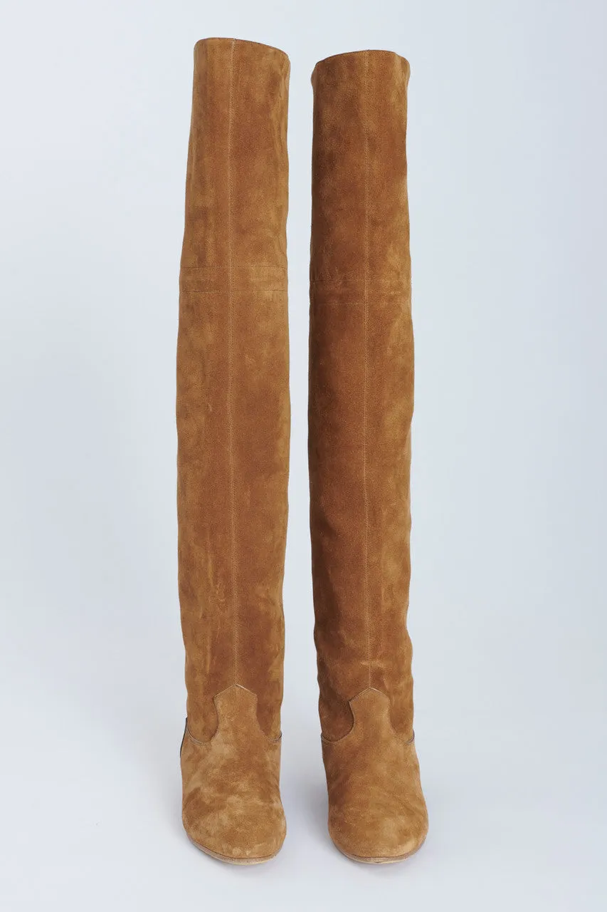 Tan Suede Calfskin Over The Knee Preowned Boots With Tassel