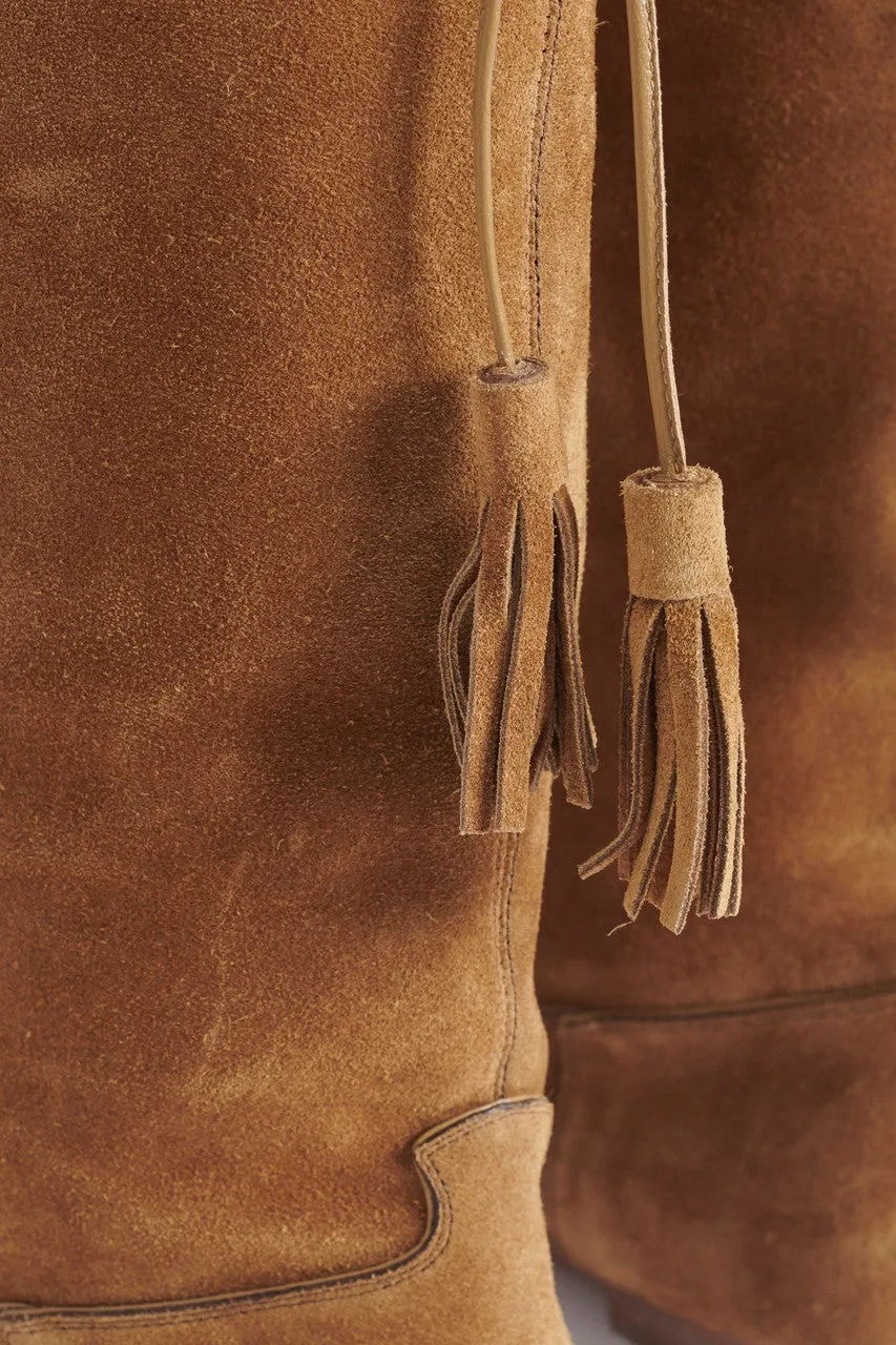 Tan Suede Calfskin Over The Knee Preowned Boots With Tassel