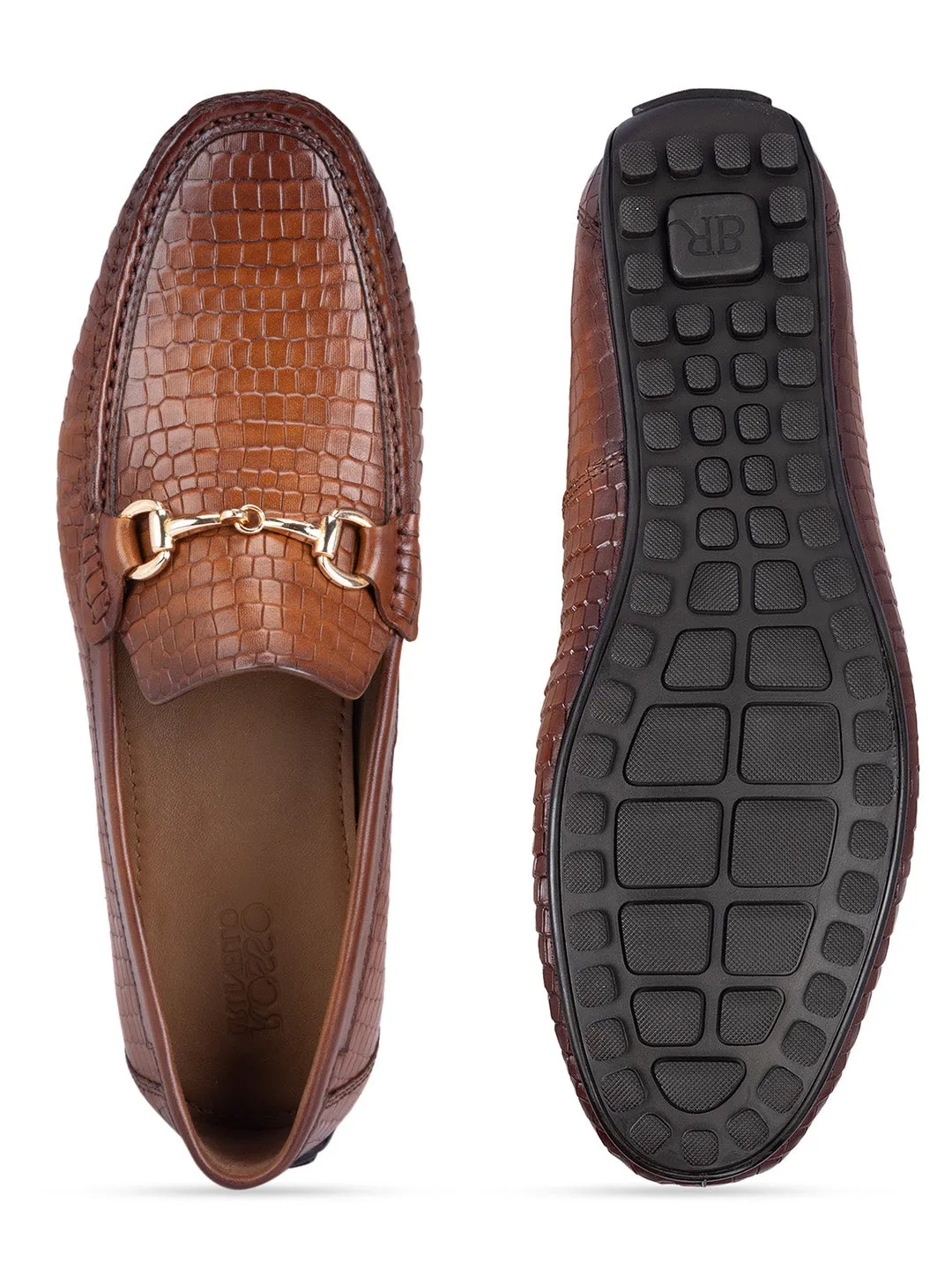 Tan Textured Moccasins With Buckle