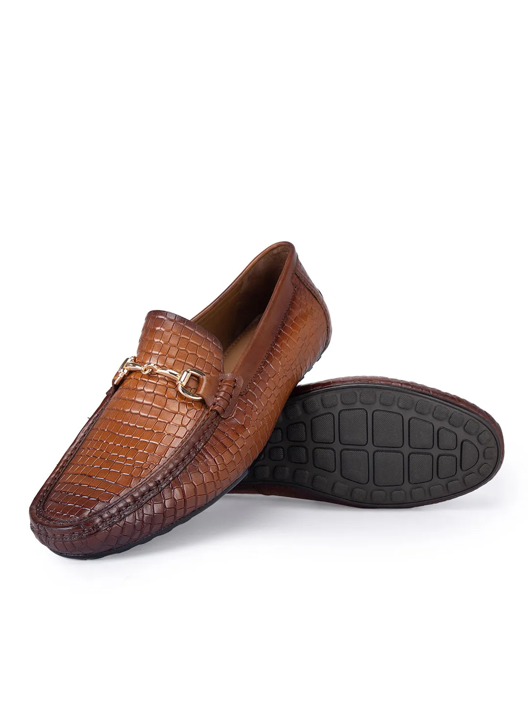 Tan Textured Moccasins With Buckle