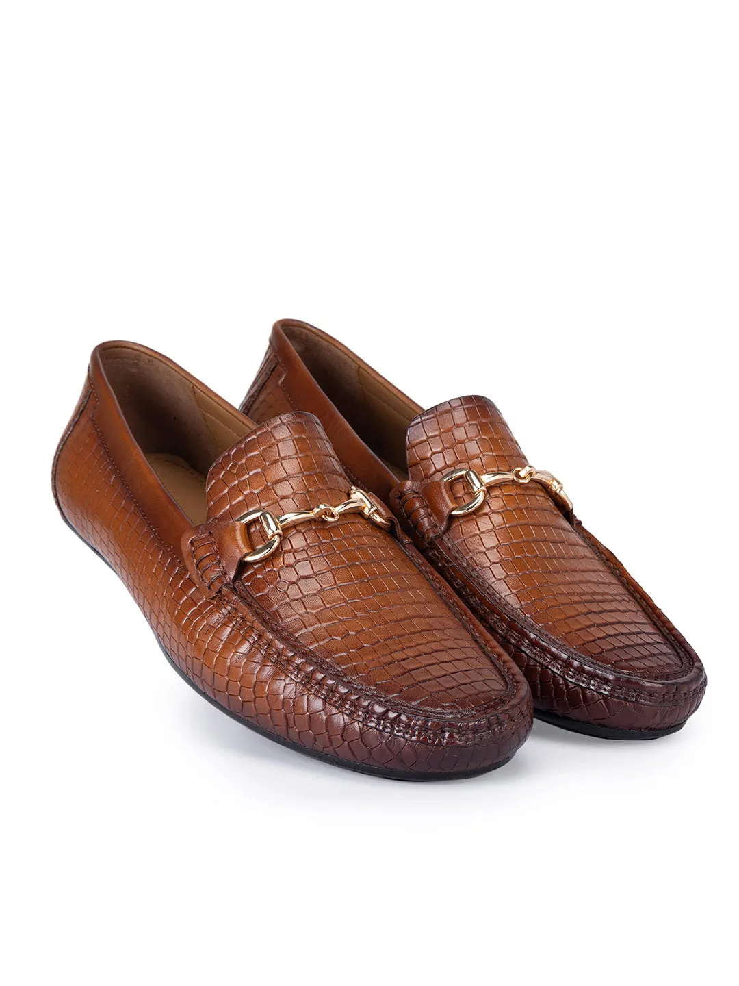 Tan Textured Moccasins With Buckle