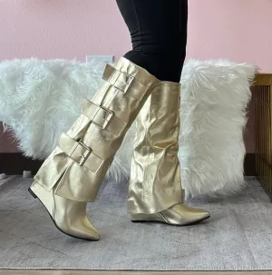 TIMELY Gold Faux Leather Sleeve Boot - Knee-High Sleeve Drape Over