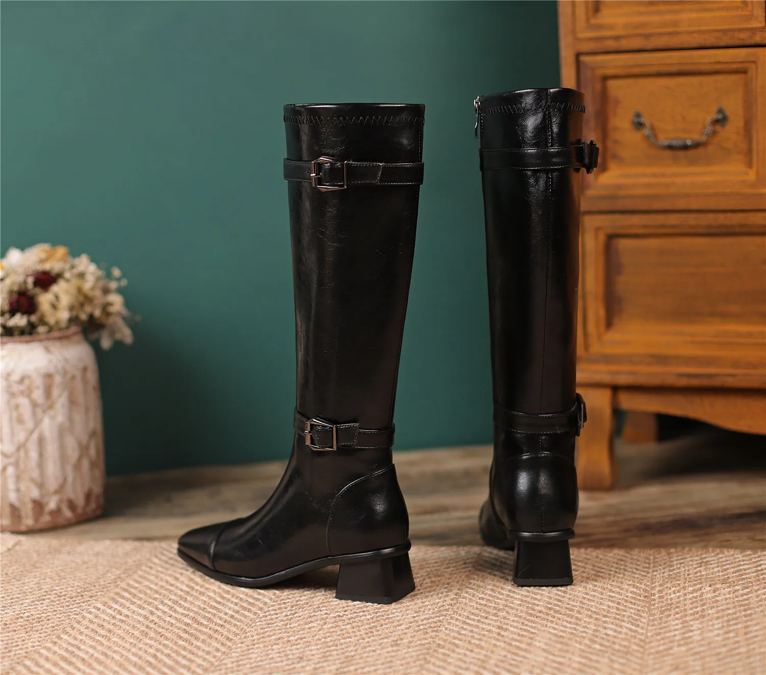 TinaCus Women's Square Toe Genuine Leather Handmade Zipper Chunky Heels Trendy Knee High Boots with Buckles