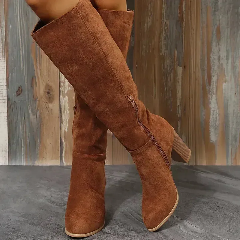 Women Retro Heels Western Cowboy Warm Plush Leather Suede Knee High Boots