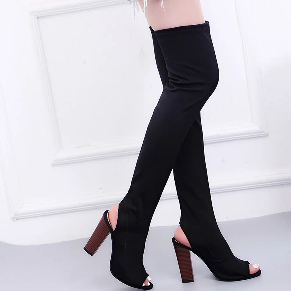 Women Stretch Faux Slim Peep Toe High Boots Over The Knee Boots High Heels Shoes