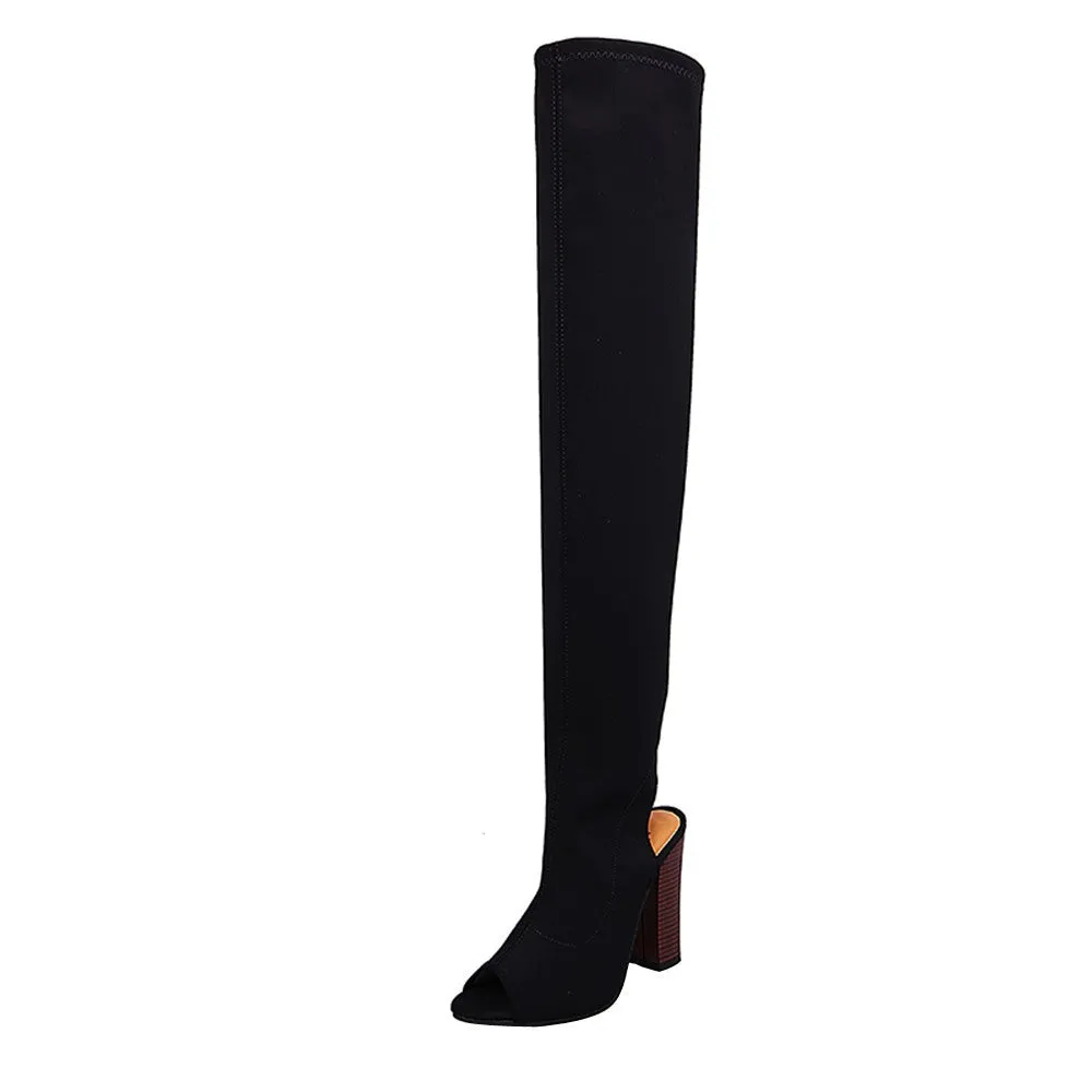 Women Stretch Faux Slim Peep Toe High Boots Over The Knee Boots High Heels Shoes