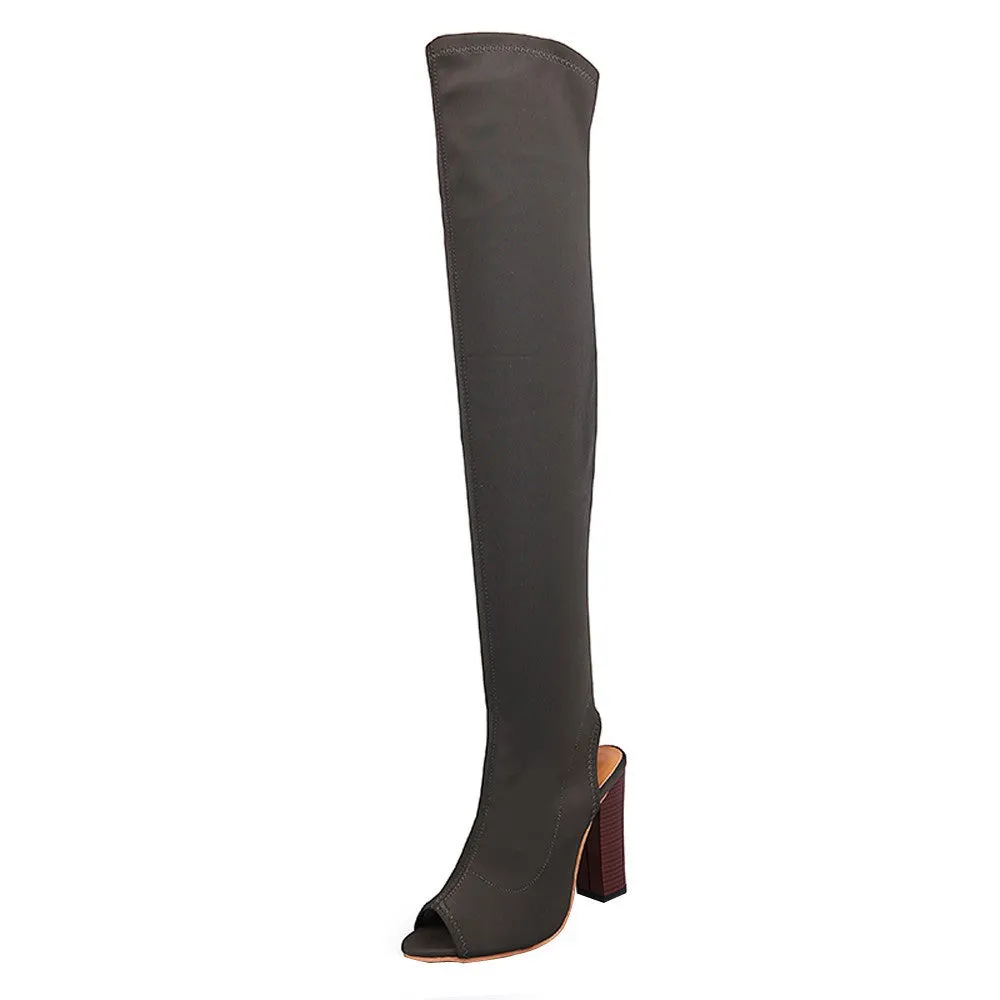 Women Stretch Faux Slim Peep Toe High Boots Over The Knee Boots High Heels Shoes