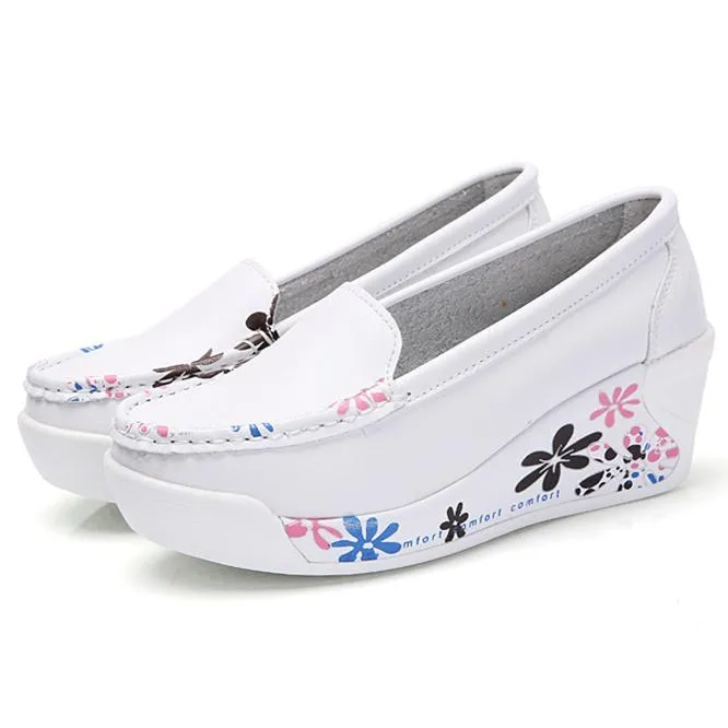 Women's platform wedge slip on nursing loafer shoes floral print casual shoes for mom