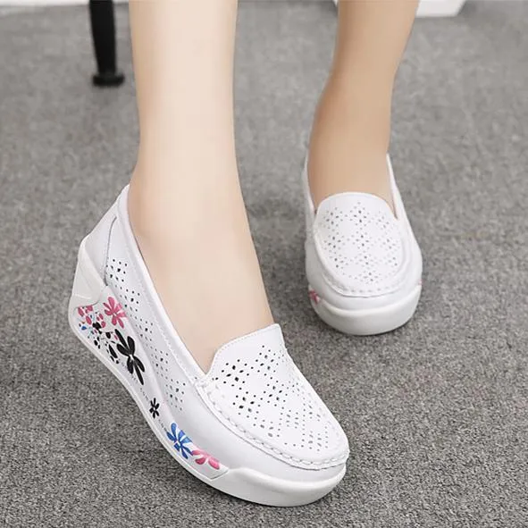 Women's platform wedge slip on nursing loafer shoes floral print casual shoes for mom
