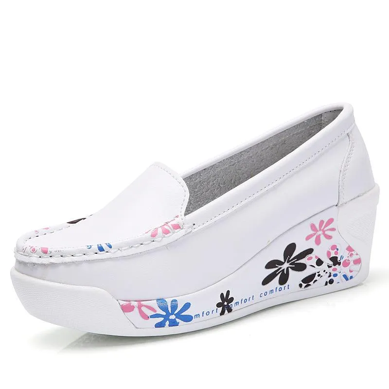 Women's platform wedge slip on nursing loafer shoes floral print casual shoes for mom