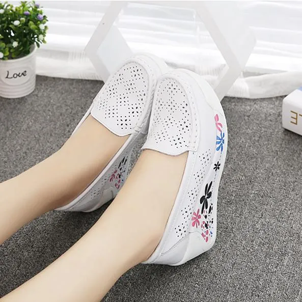 Women's platform wedge slip on nursing loafer shoes floral print casual shoes for mom