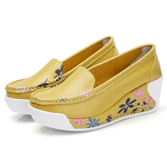 Women's platform wedge slip on nursing loafer shoes floral print casual shoes for mom