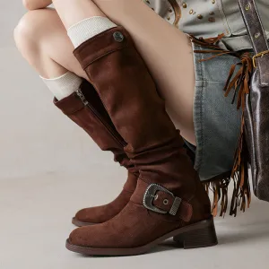Women's Riding Boots Suede Buckle Knee High Chunky Heel Boots