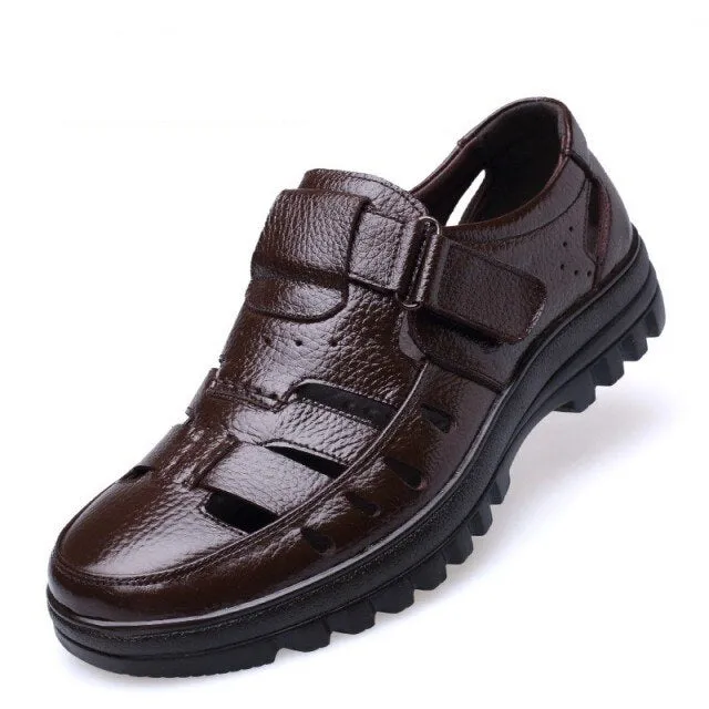 xiangtuibao Summer Men Casual Shoes Hollow High Quality Leather Man Flats Breathable Hook & Loop Male Footwear Sandals For Middle-aged